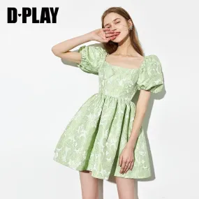 Summer new fresh mint green jacquard puffy floral women's babydoll dress -Niwi