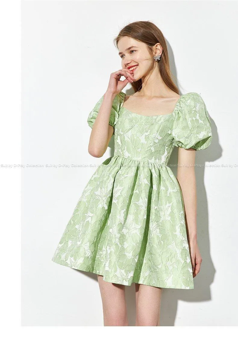 Summer new fresh mint green jacquard puffy floral women's babydoll dress -Niwi