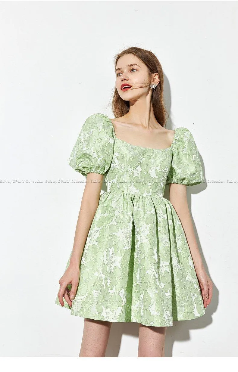 Summer new fresh mint green jacquard puffy floral women's babydoll dress -Niwi