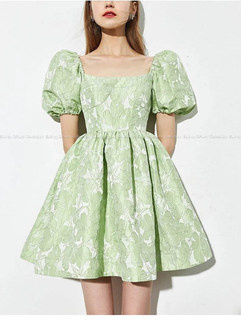 Summer new fresh mint green jacquard puffy floral women's babydoll dress -Niwi