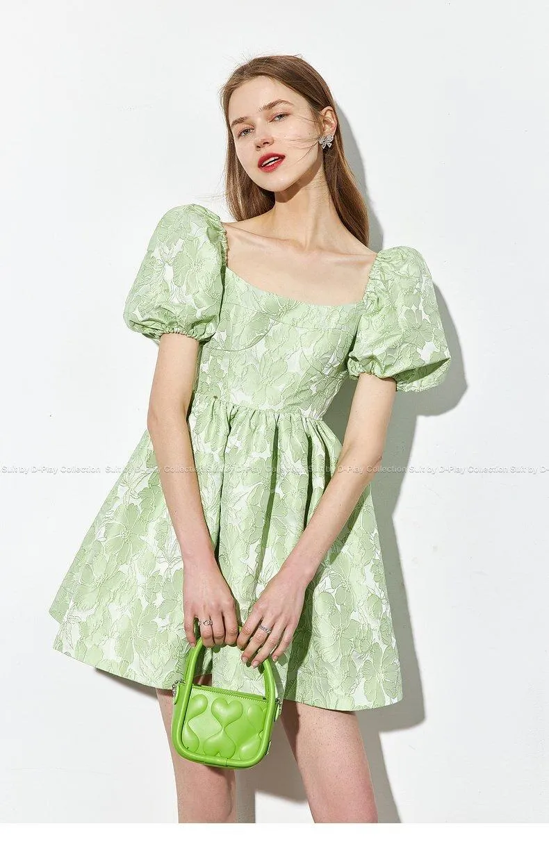 Summer new fresh mint green jacquard puffy floral women's babydoll dress -Niwi