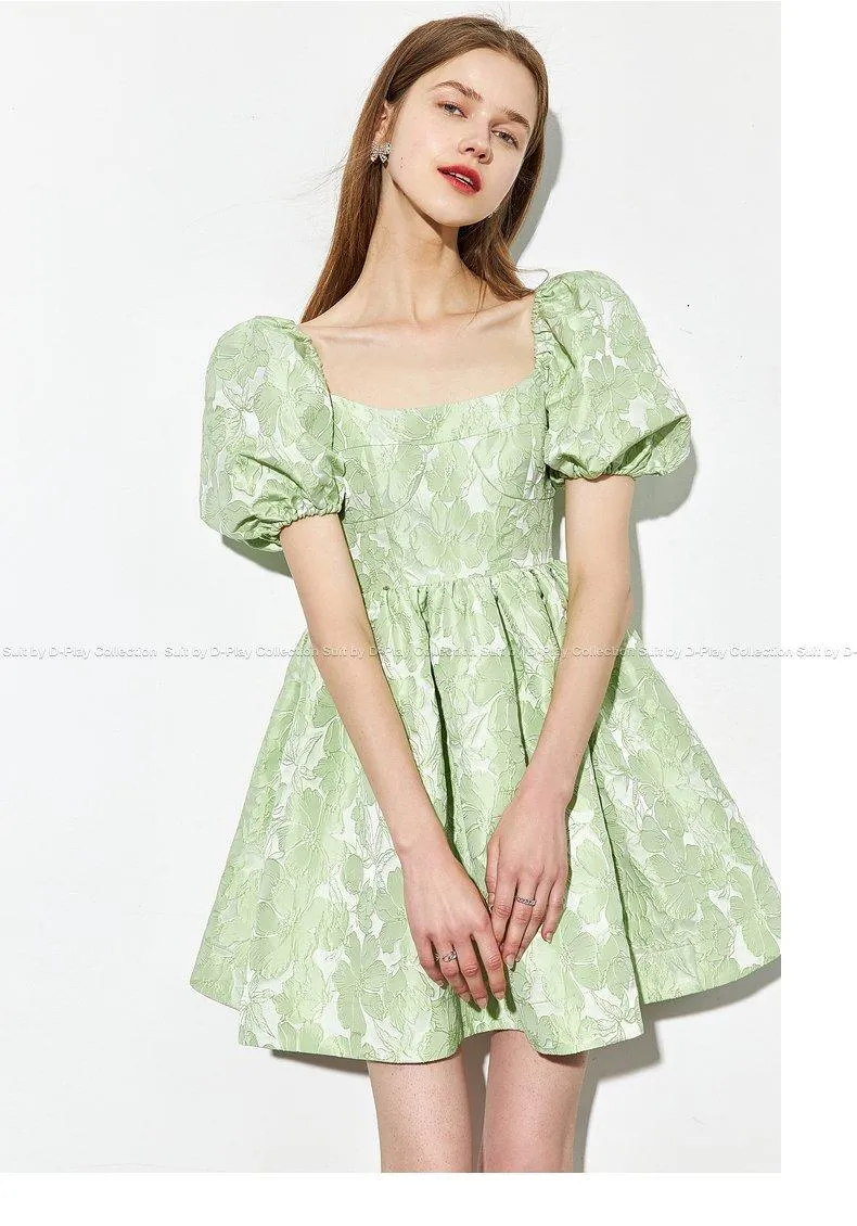 Summer new fresh mint green jacquard puffy floral women's babydoll dress -Niwi