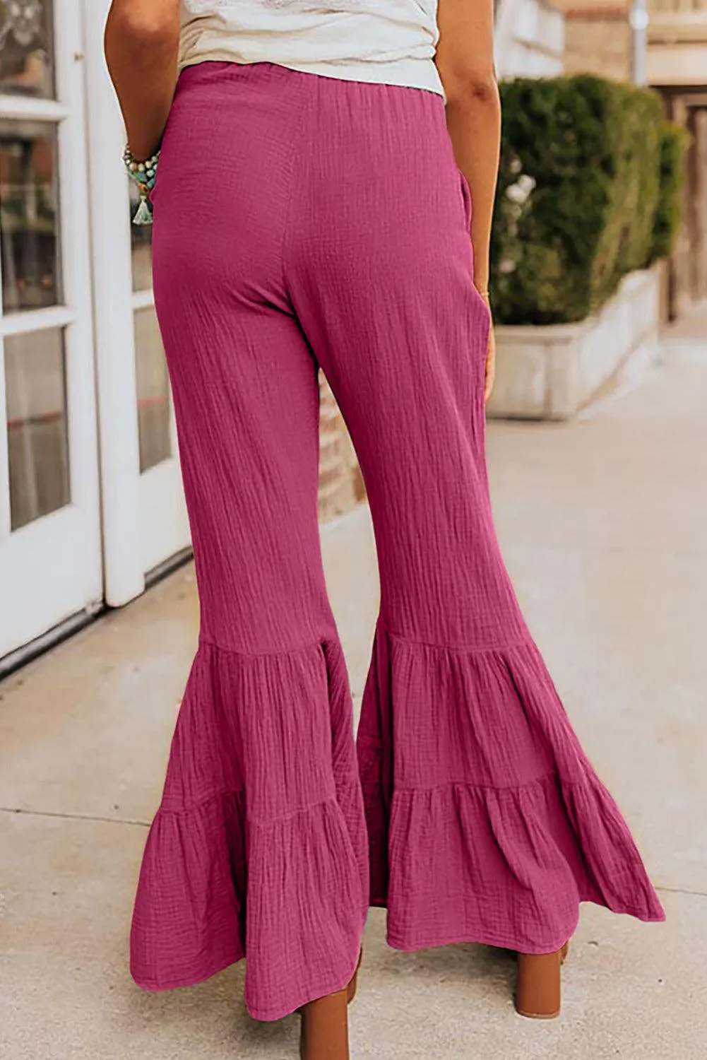 Textured High Waist Ruffled Bell Bottom Pants