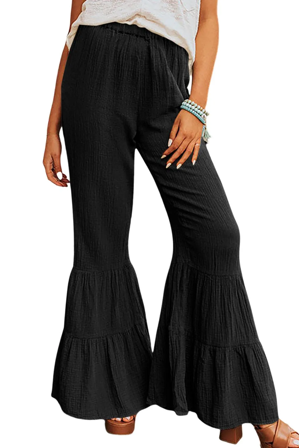 Textured High Waist Ruffled Bell Bottom Pants