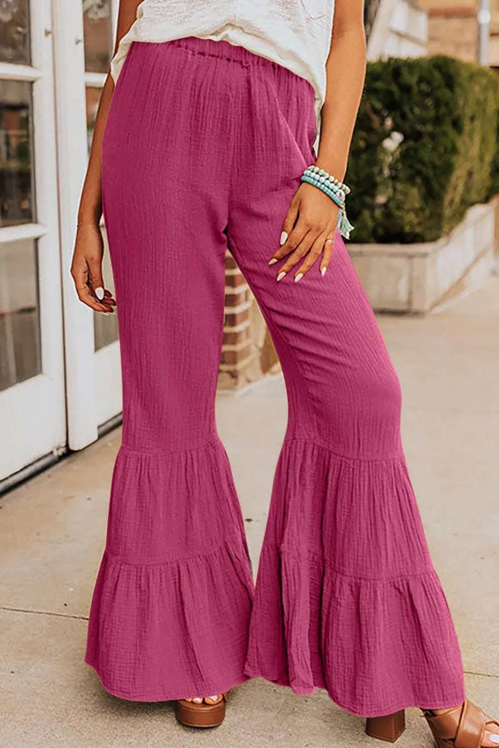 Textured High Waist Ruffled Bell Bottom Pants