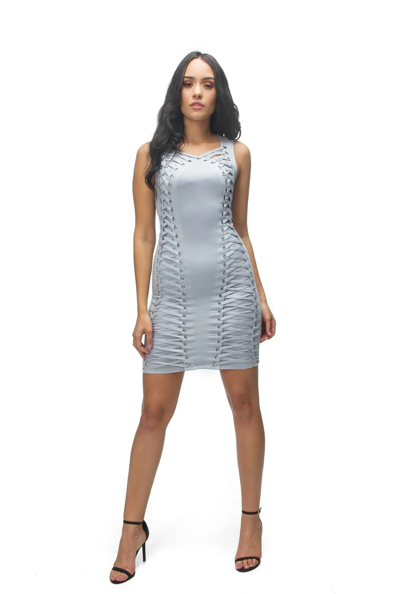 THE MYSTYLEMODE POWDER BLUE CRISS CROSS TIE DOUBLE LINED BODYCON DRESS