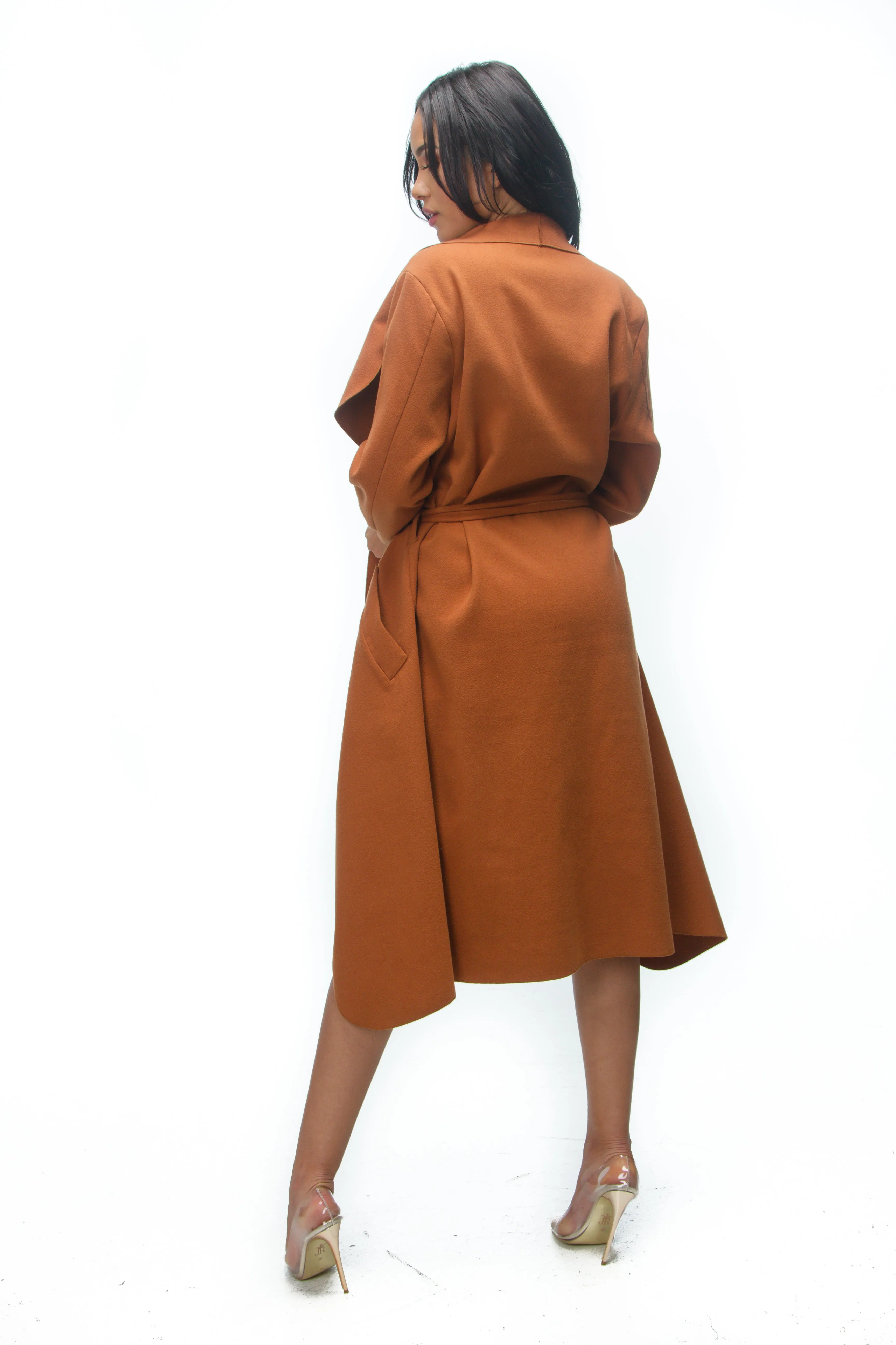 THE MYSTYLEMODE RUST CASCADING FRONT LONG TRENCH COAT