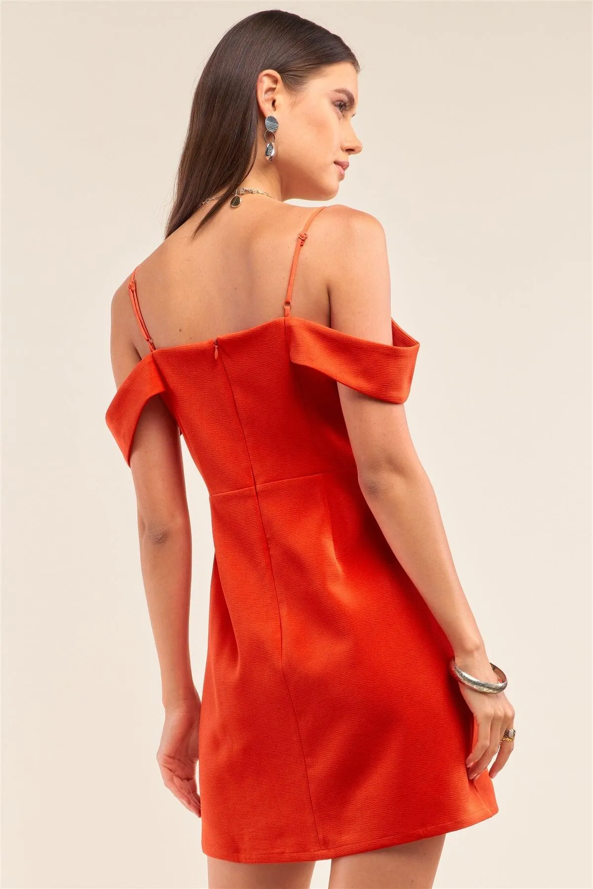 Tomato Red Sweetheart Neck Off The Shoulder Mini Dress /1-2-3