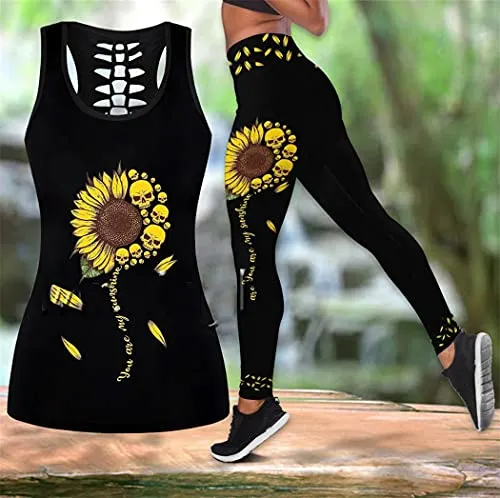 UNEMAIL 3D Printed Sunflower Skull Hollow Tanktop And Leggings Set, Women Sexy Vest Yoga Leggings Jogger Sets tanktops n leggings M