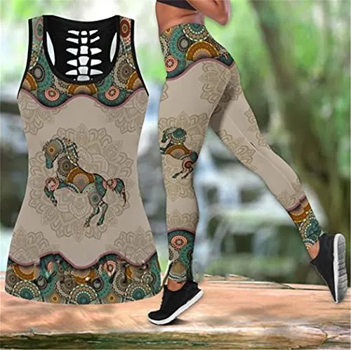 UNEMAIL Love Horse Mandala 3D Printed Hollow Tanktop Leggings Set, Girls Sexy Fashion Vest And Yoga Pants, Fitness Workout Set tanktops n leggings S