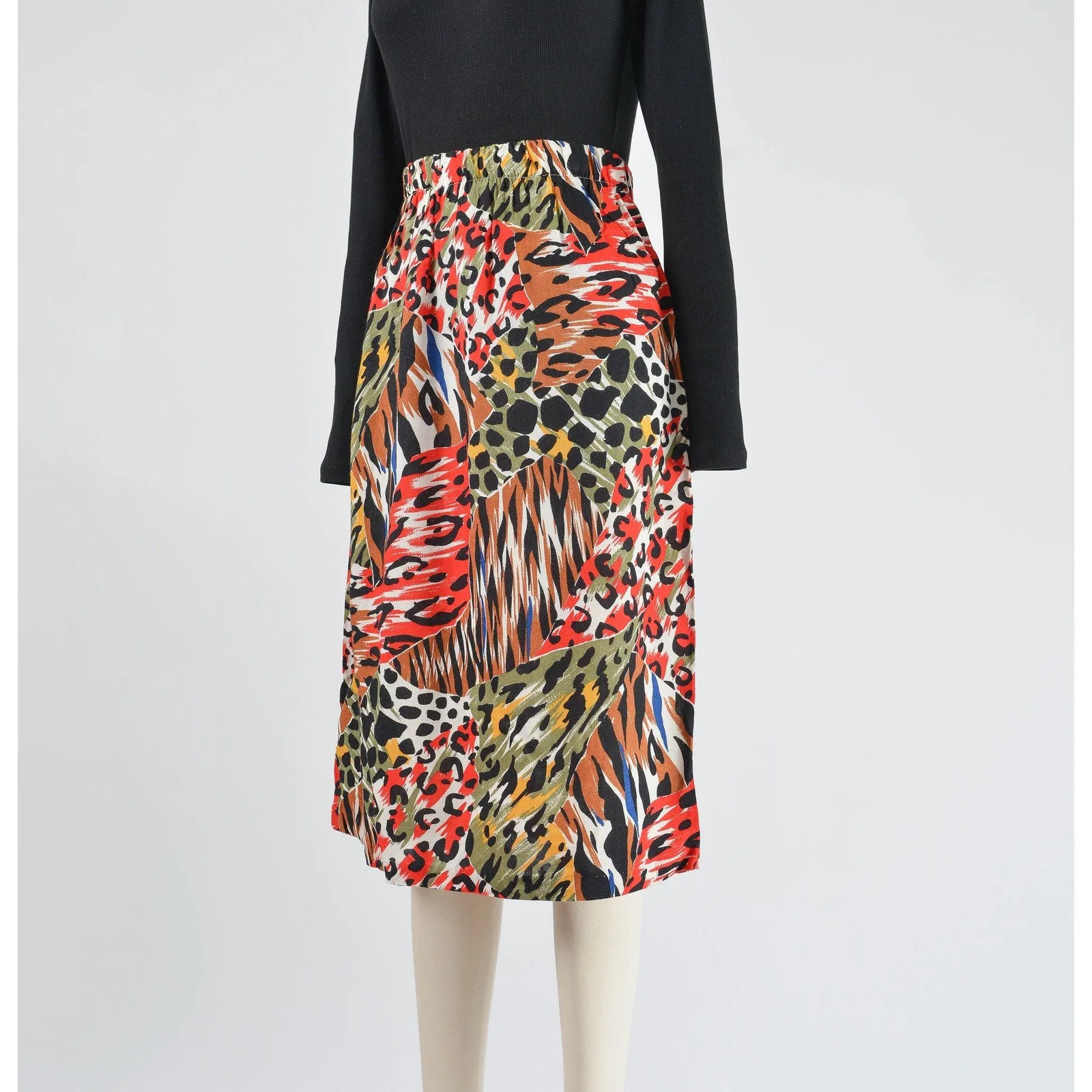 Vintage 80s Mixed Animal Print Skirt Elastic Waist Straight Midi Skirt Tiger Leopard Cheetah Print size S M