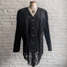 Vintage Black Suede Leather Fringe Cowboy Jacket Western Genuine Leather Coat