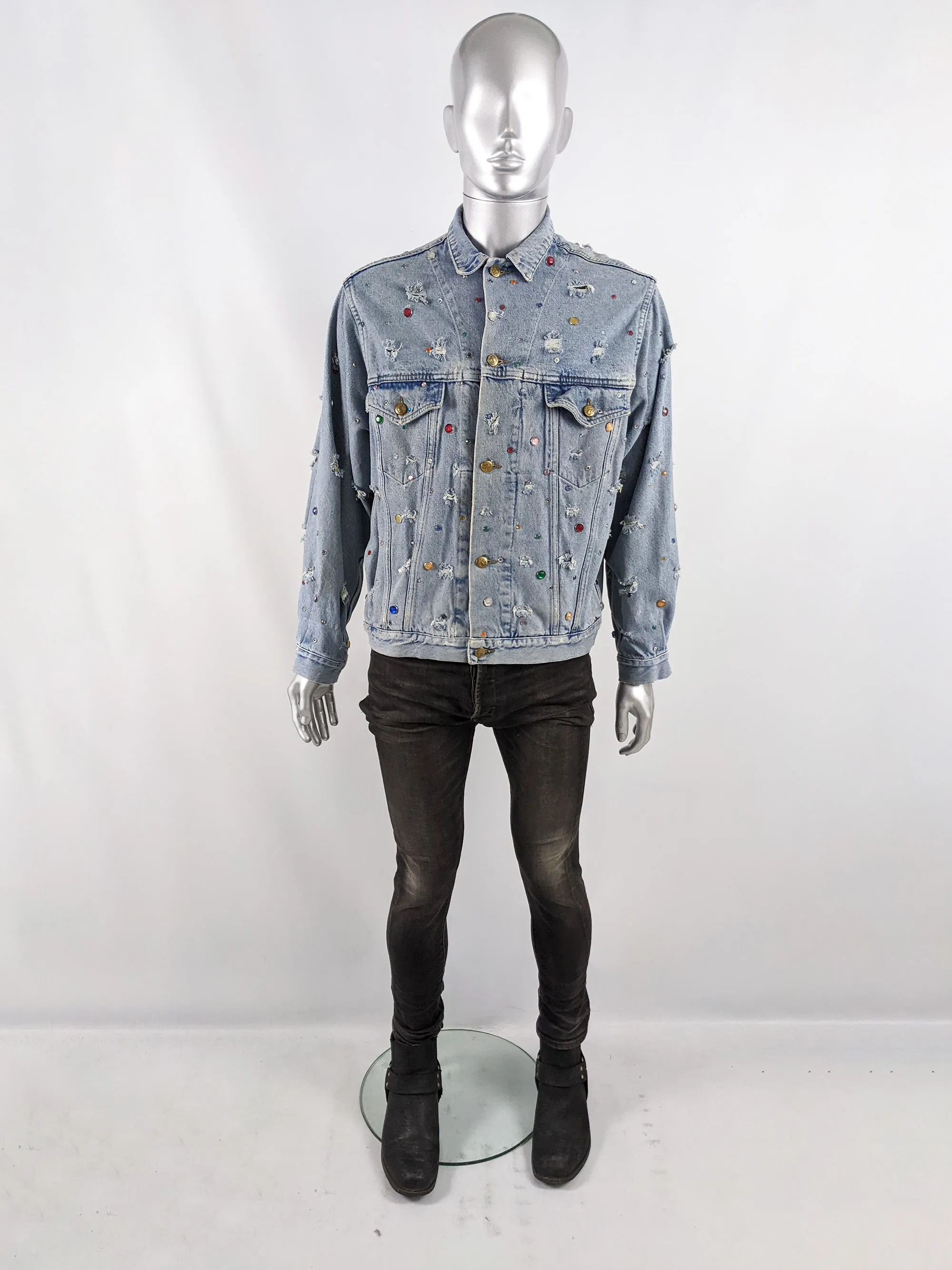 Vintage Mens Blue Denim Studded & Beaded Jacket, 1980s