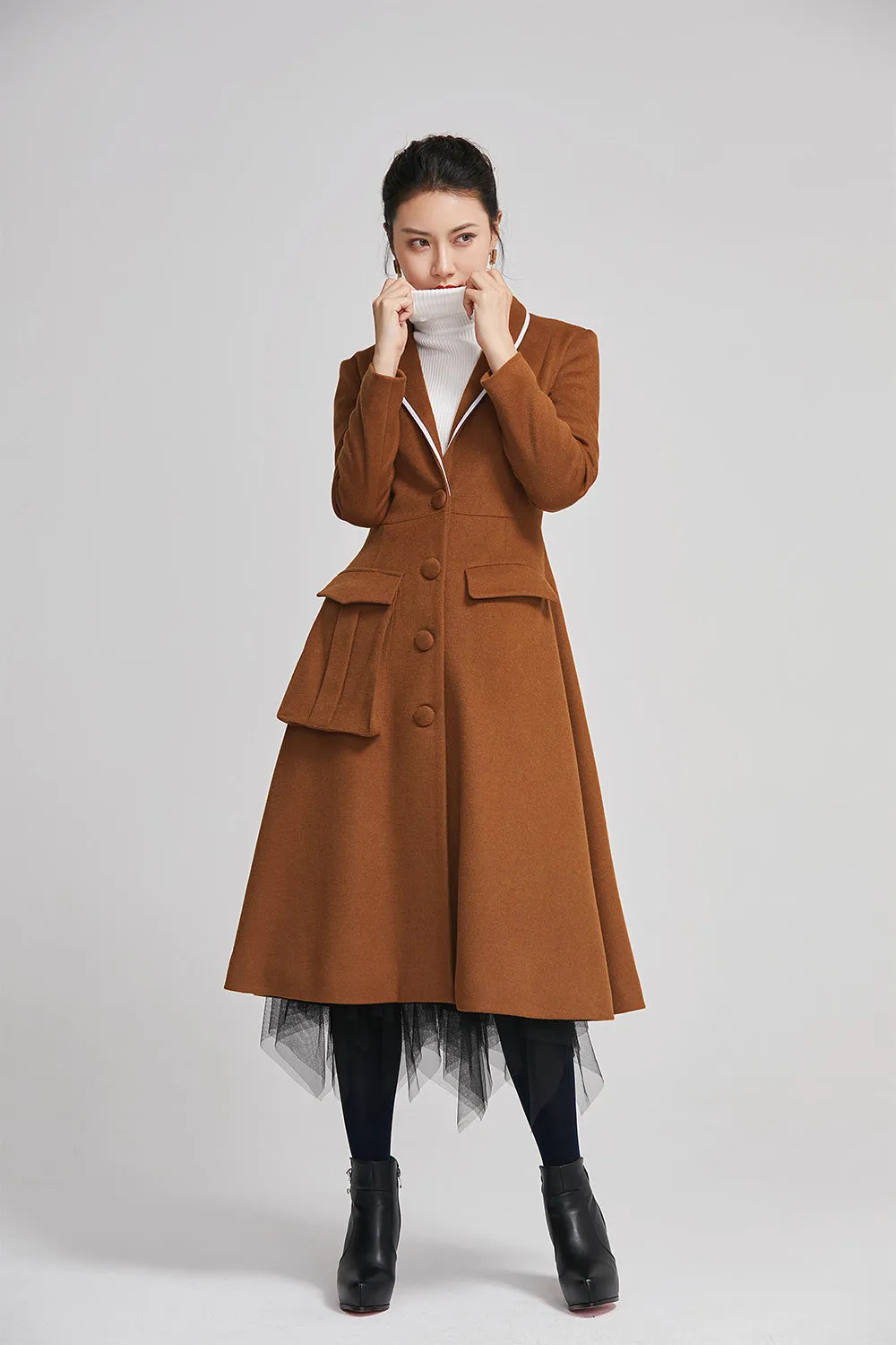 women long wool winter coat with single breasted and pockets 2253