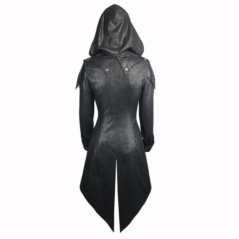 Women's Asymmetric Hem Hooded Goth Coat with Leather Details