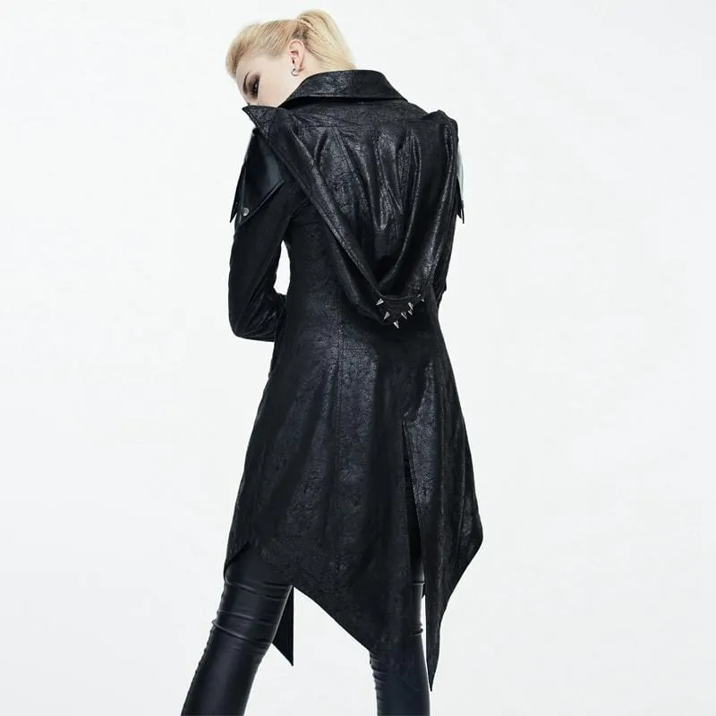 Women's Asymmetric Hem Hooded Goth Coat with Leather Details