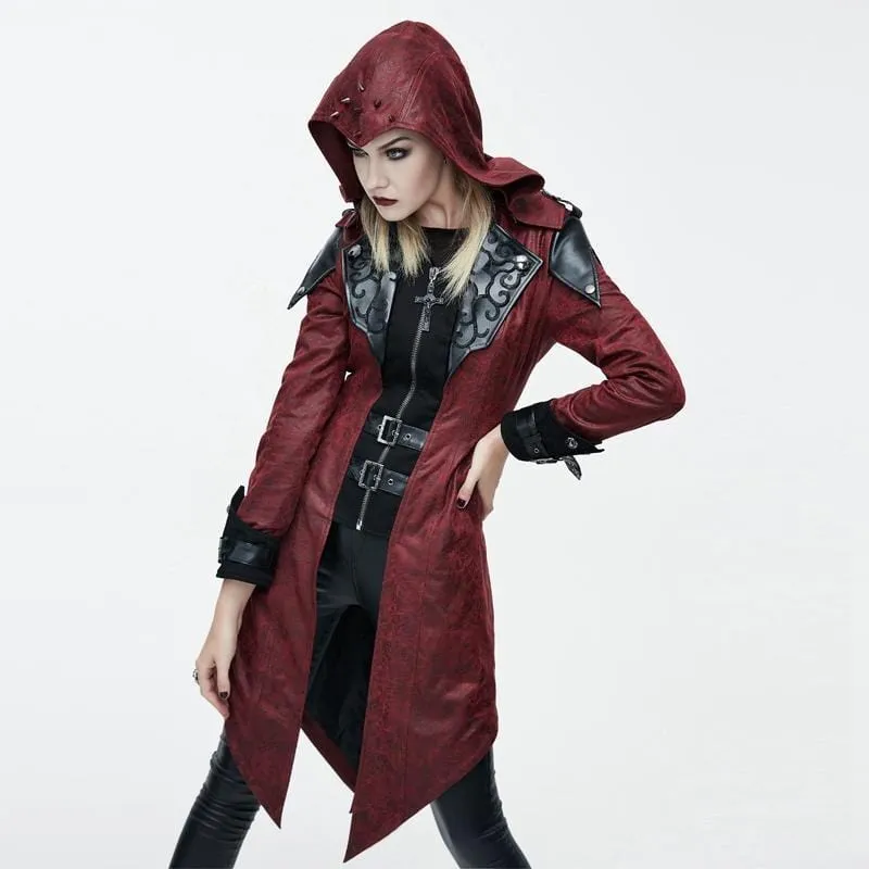 Women's Asymmetric Hem Hooded Goth Coat with Leather Details