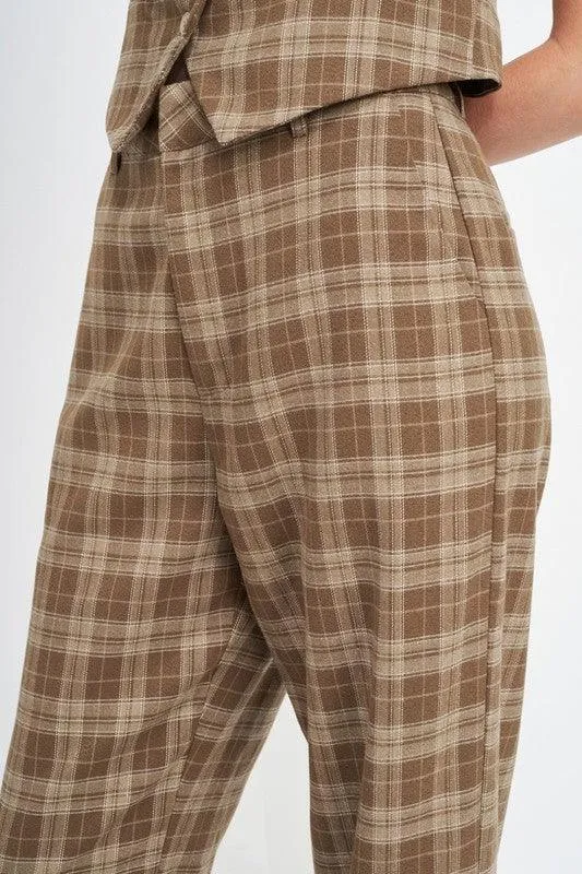 Womens Dark Brown Plaid High Waist Trouser Pants