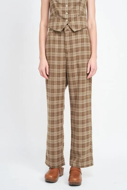 Womens Dark Brown Plaid High Waist Trouser Pants