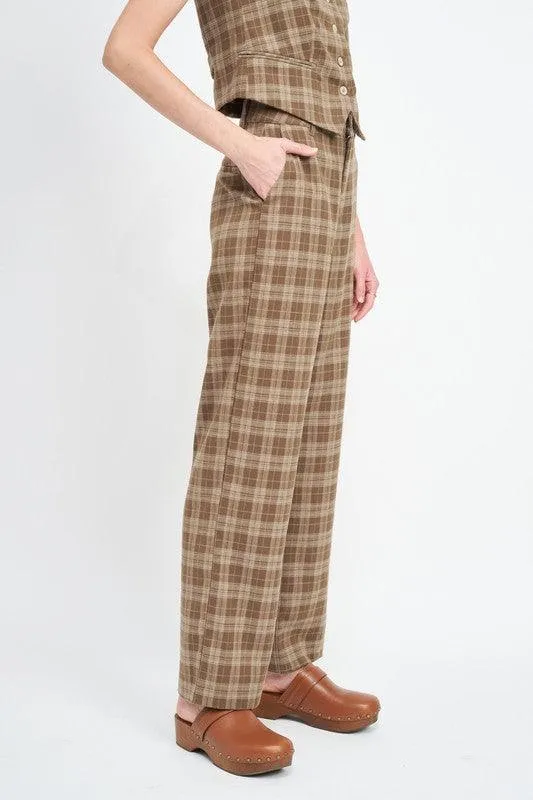 Womens Dark Brown Plaid High Waist Trouser Pants