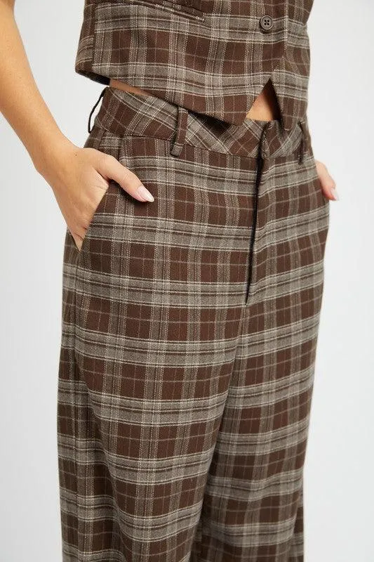 Womens Dark Brown Plaid High Waist Trouser Pants