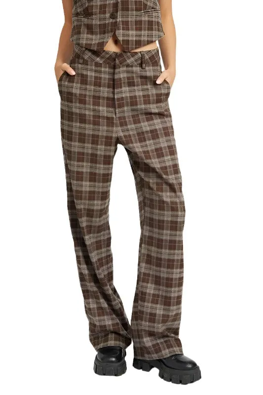 Womens Dark Brown Plaid High Waist Trouser Pants