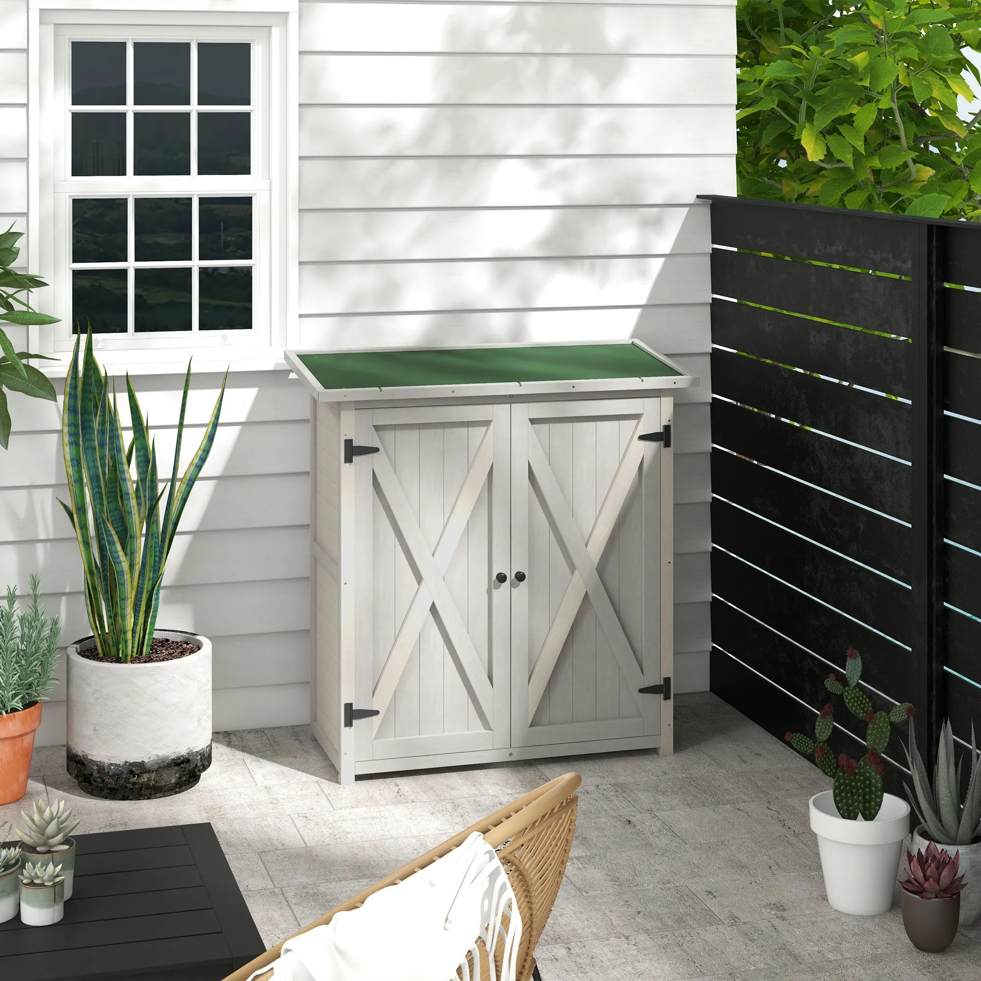 Wooden Garden Shed Storage Shed Fir Tool Cabinet with Shelves Double Door Grey