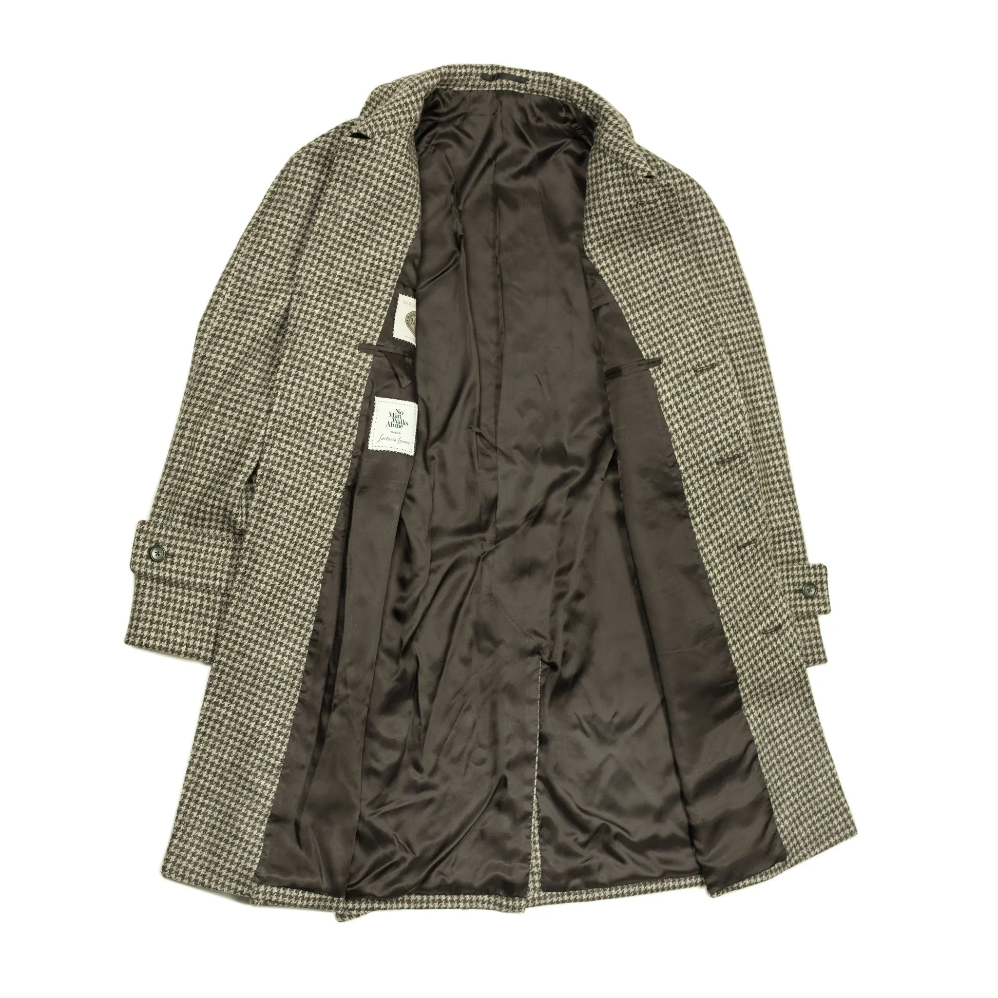 x Sartoria Carrara: Balmacaan belted coat in lightweight grey houndstooth undyed wool