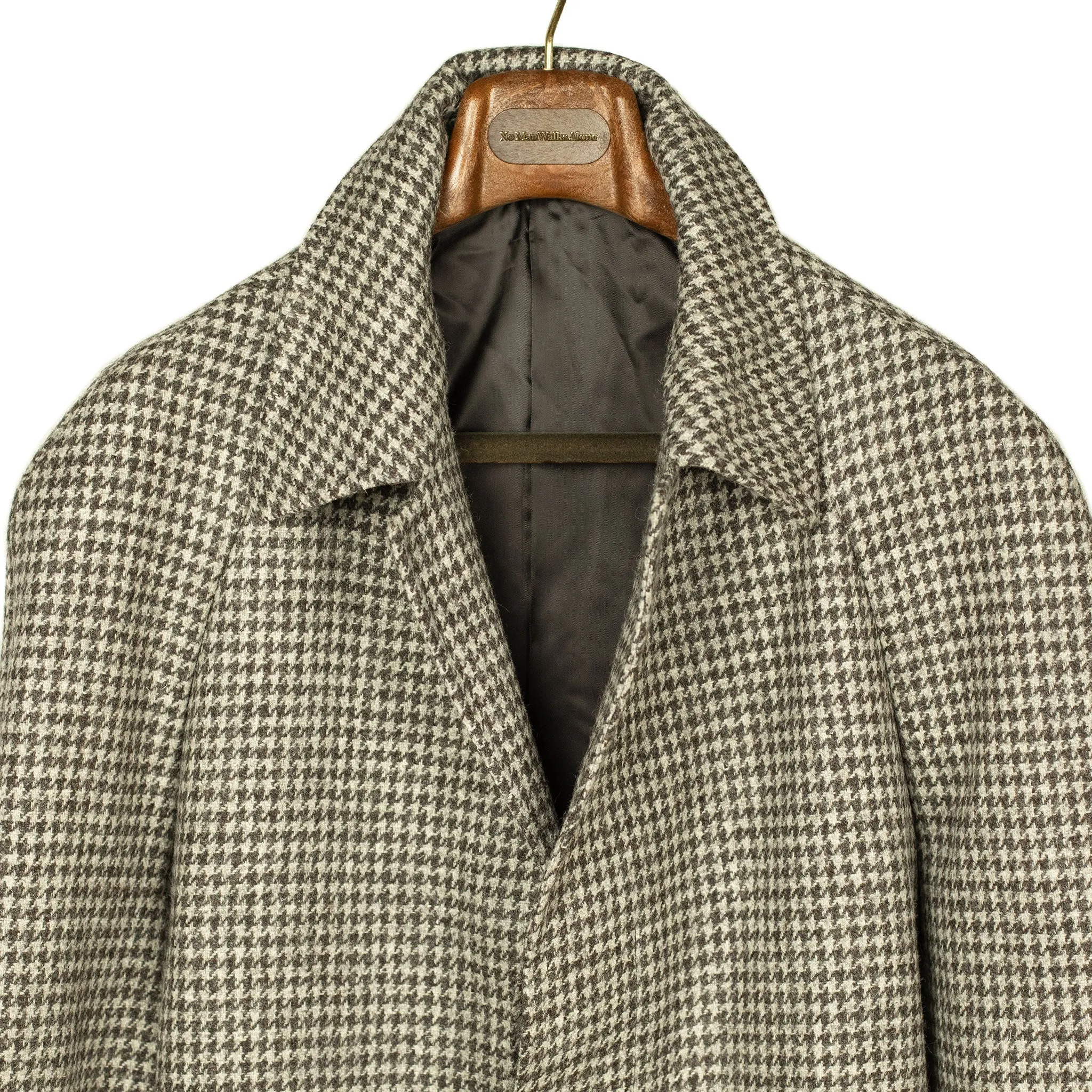 x Sartoria Carrara: Balmacaan belted coat in lightweight grey houndstooth undyed wool