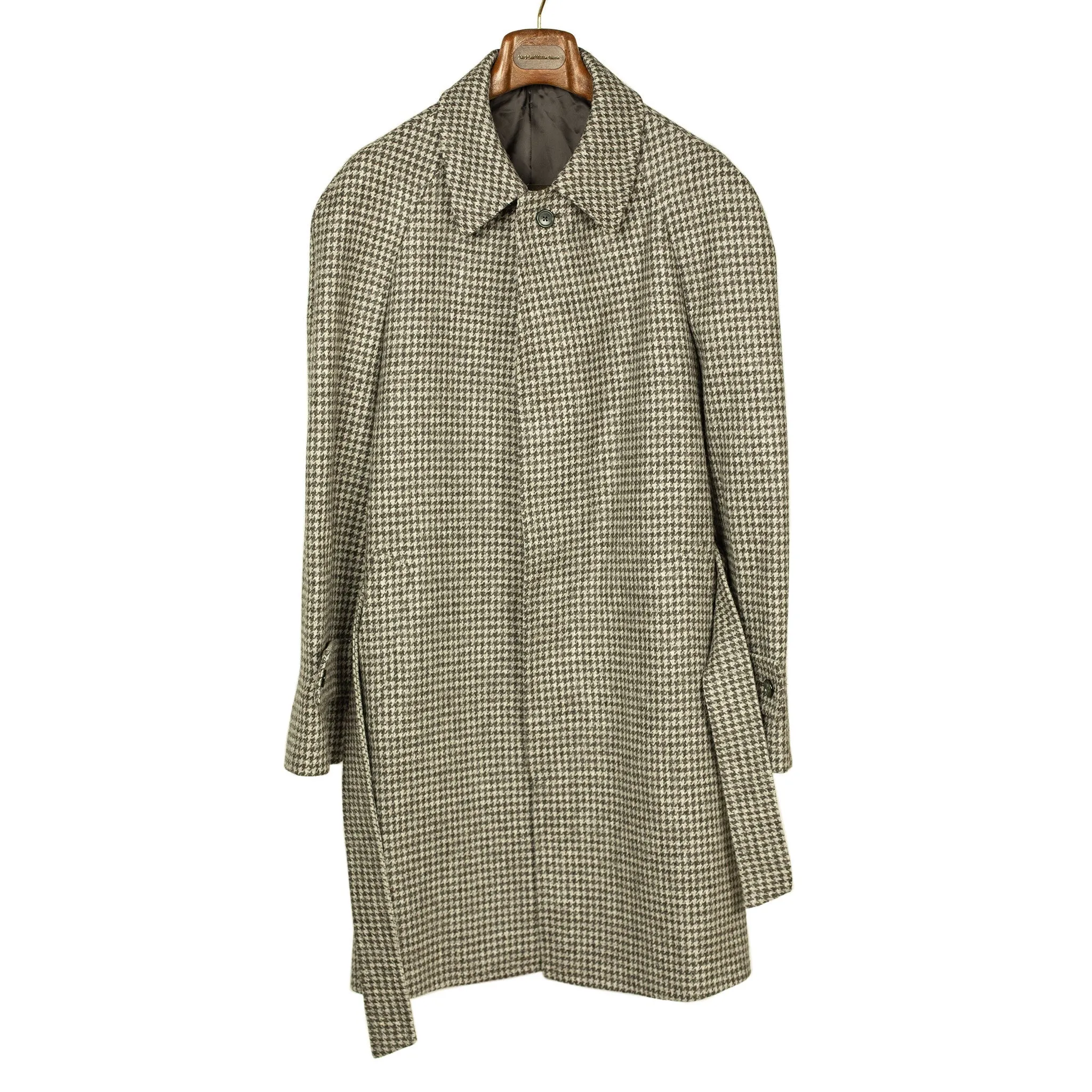 x Sartoria Carrara: Balmacaan belted coat in lightweight grey houndstooth undyed wool