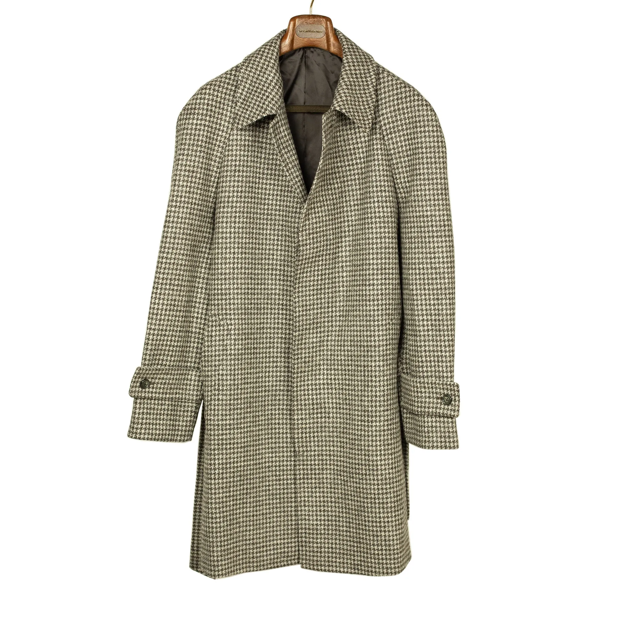 x Sartoria Carrara: Balmacaan belted coat in lightweight grey houndstooth undyed wool