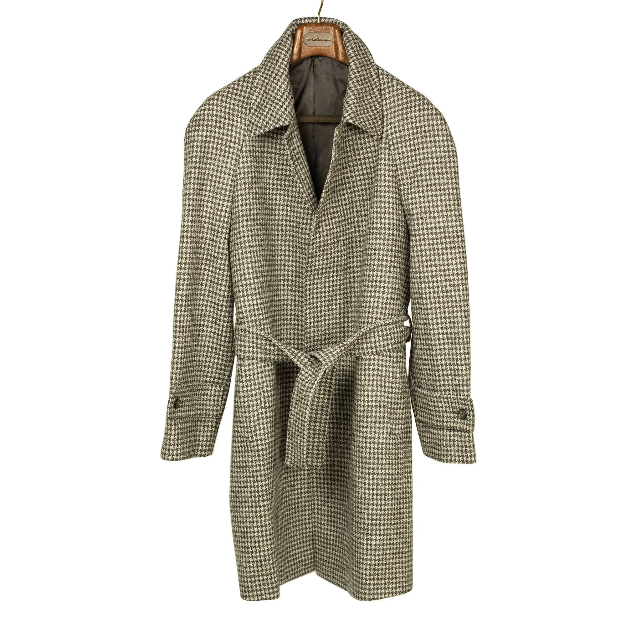 x Sartoria Carrara: Balmacaan belted coat in lightweight grey houndstooth undyed wool