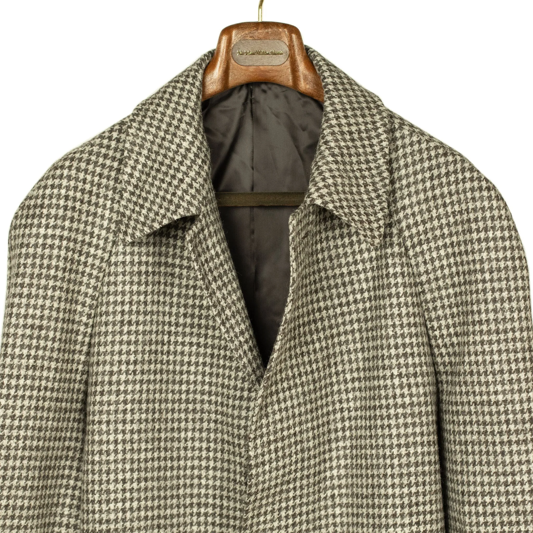 x Sartoria Carrara: Balmacaan belted coat in lightweight grey houndstooth undyed wool